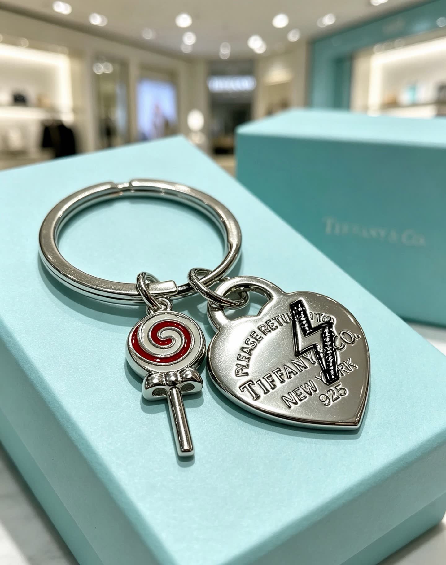 Tiffany & Co Silver Keychain with Lollipop and Heart Charms